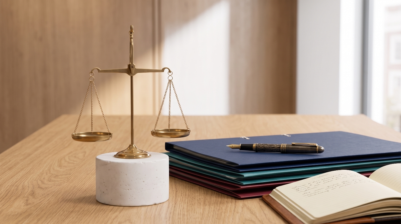 Balanza de justicia y expedientes jurídicos